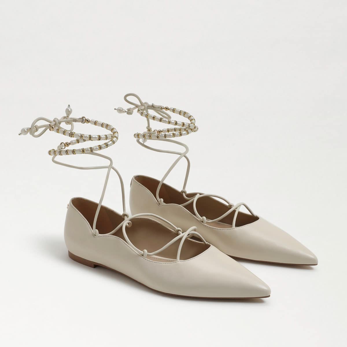 Sam Edelman Winslet Lace Up Pointed Toe Flat Modern Ivory Leathe